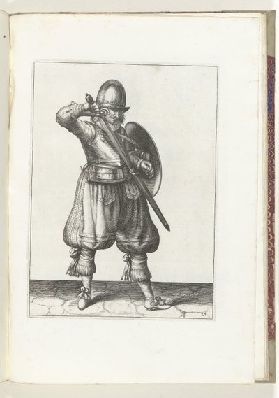 El ejercicio de escudo y púas: el soldado que vuelve a envainar su estoque (núm. 24), 1618 El Nassausche Wapen-Handelinge, van Schilt, Spies, Rappier and the Targe: más allá de figuerlick representado, y enmarcado según el nuevo orden [de] (...) Maurits va de Adam van Breen