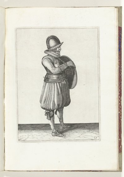 El ejercicio del escudo y la espiga: el soldado saca el brazo del cinturón del escudo (núm. 25), 1618 El Nassausche Wapen-Handelinge, van Schilt, Spies, Rappier and the Targe: más allá de figuerlick representado, y enmarcado según el nuevo orden [de] (...) de Adam van Breen