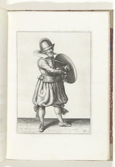 El ejercicio de escudo y punta: el soldado saca su estoque de detrás de su escudo (n. ° 18), 1618 El Nassausche Wapen-Handelinge, van Schilt, Spies, Rappier and the Targe: más allá de figuerlick representado, y enmarcado según el nuevo orden [de] (...) Mau de Adam van Breen