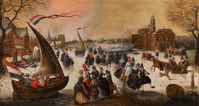 Paisaje invernal con elegantes patinadores en un lago helado, rompehielos y una ciudad a lo lejos de Adam van Breen