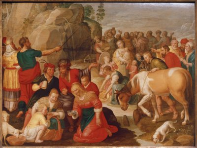 Moisés golpea la roca para sacar agua de Adam van Noort