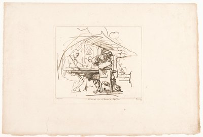 Dos hombres en una mesa, uno de ellos con una jarra Seis grabados a partir de dibujos de Rembrandt, conservados en la Hofbibliothek de Viena (título de la serie) Six estampes gravées d