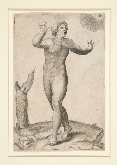 Un hombre desnudo que se asusta al ver la luna y el sol en el cielo al mismo tiempo de Adamo Scultori