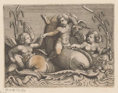 Tres amorcillos con delfines de Adamo Scultori