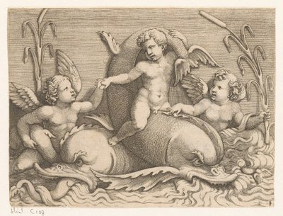 Tres amorcillos con delfines de Adamo Scultori