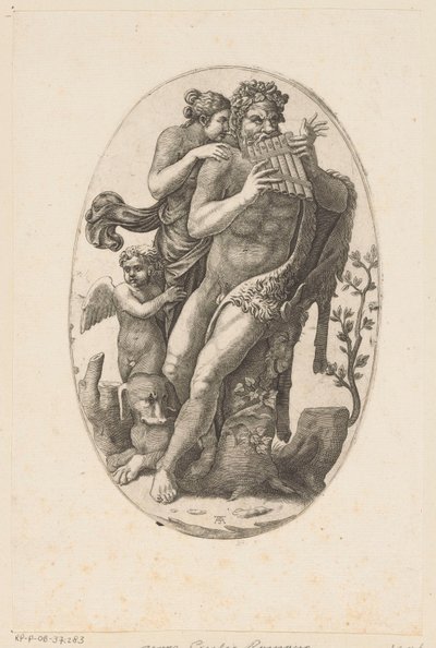 Sátiro con flauta de pan y ninfa de Adamo Scultori