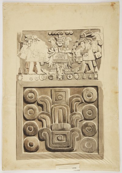 Relieve de piedra de la Ciudad de México que muestra en la parte superior, dos figuras de guerreros frente a una 