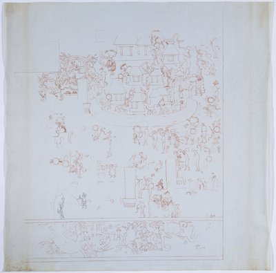 Copia de un mural completo de la pared oeste, Templo Superior de los Jaguares, Chichén Itzá, México, cámara interior en la pared oeste (tinta roja y negra y grafito) de Adela Breton
