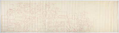 Copia de un calco de una pintura mural del panel sur de la pared oeste, templo interior, Templo Superior de los Jaguares, Chichén Itzá, México (tinta roja) de Adela Breton
