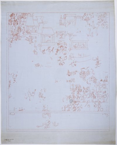 Copia de una pintura mural de la pared este, Templo Superior de los Jaguares, Chichén Itzá, México. Líneas de tinta roja de Adela Breton