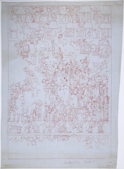Dibujo de la Pared Sur, Templo Superior de los Jaguares, Chichén Itzá, México (tinta roja) de Adela Breton