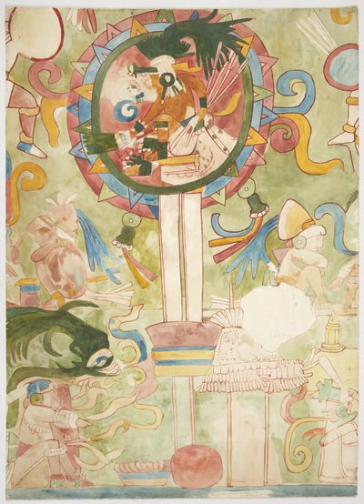 Pintura que representa parte del panel sur de la pared oeste, Templo Superior de los Jaguares, Chichen Itzá, México de Adela Breton