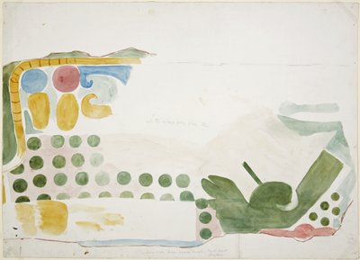 Pintura de parte de un mural que representa una escena de sacrificio humano sobre la puerta de la cámara interior, Templo Superior de los Jaguares, Gran Juego de Pelota, Chichen Itza, México de Adela Breton