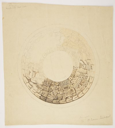 Tapa de olla de Belice (anteriormente Honduras Británica) Diseño circular, parte del cual falta, muestra un diseño que incluye figuras de hombres, glifos, etc. de Adela Breton