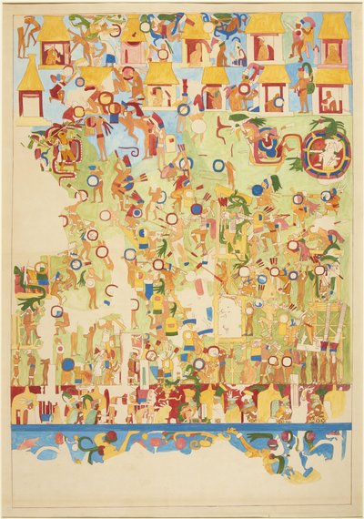Copia a escala de un cuarto de una pintura mural de la pared sur del Templo Superior de los Jaguares, Chichen Itzá, México de Adela Breton