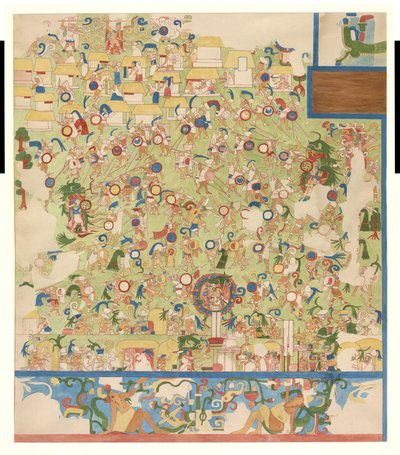Copia a escala de un cuarto de una pintura mural del extremo sur de la pared oeste, Templo Superior de los Jaguares, Chichen Itzá, México de Adela Breton