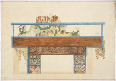 Copia a escala de un cuarto de una pintura mural en la pared oeste, Templo Superior de los Jaguares, Chichen Itza, México de Adela Breton