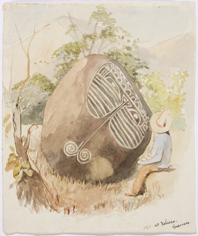 Relieve de piedra - Jaleaca, Guerrero, México, mostrando a un hombre mirando una gran piedra redonda con decoración incisa en un diseño de 