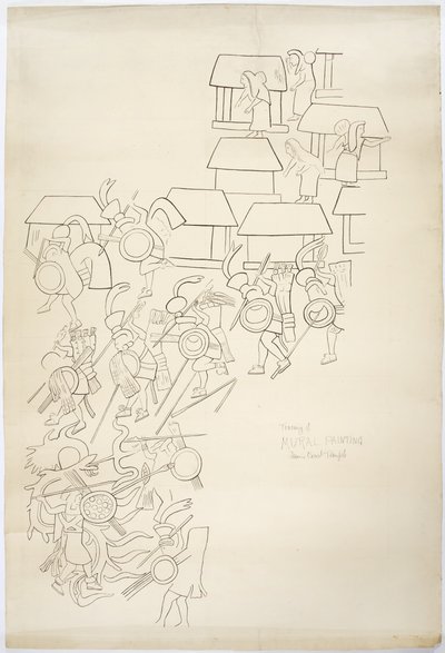 Calco de una pintura mural de la pared oeste, Templo Superior de los Jaguares, Chichen Itza, México de Adela Breton