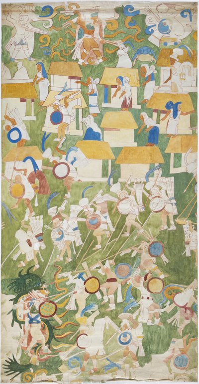Calco de una pintura mural del panel sur de la pared oeste, Templo Superior de los Jaguares, Chichen Itzá, México de Adela Breton
