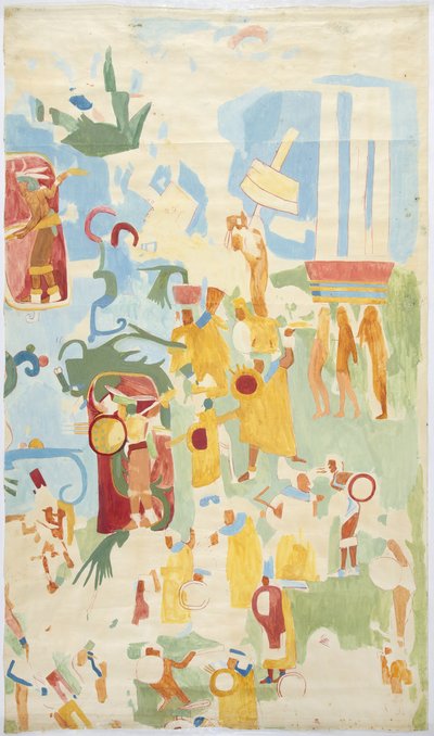 Calco de una pintura mural de la pared norte de la cámara interior, Templo Superior de los Jaguares (Templo A de Maudslay), Chichen Itzá, México de Adela Breton