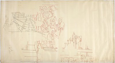 Calco de una pintura mural de la Casa de las Monjas, Chichen Itzá, México, trazado y entintado en tinta negra y roja de Adela Breton