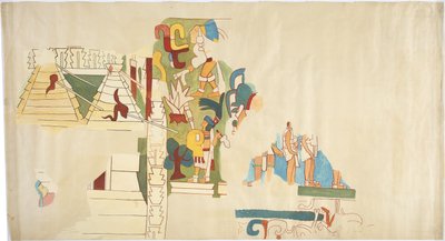 Trazado de una pintura mural de la Casa de Monjas, Chichen Itza, México. Representa la bóveda en una gran cámara. Contorno a escala completa de la mitad norte del mural de Adela Breton