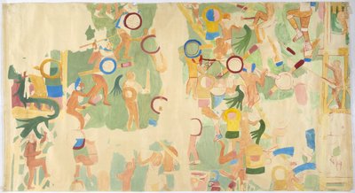 Calco de una pintura mural de la pared sur, cámara interior, Templo Superior de los Jaguares, Gran Juego de Pelota en Chichen Itza, México de Adela Breton