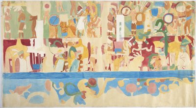 Calco de una pintura mural de la pared sur, cámara interior, Templo Superior de los Jaguares, Gran Juego de Pelota en Chichén Itzá, México de Adela Breton