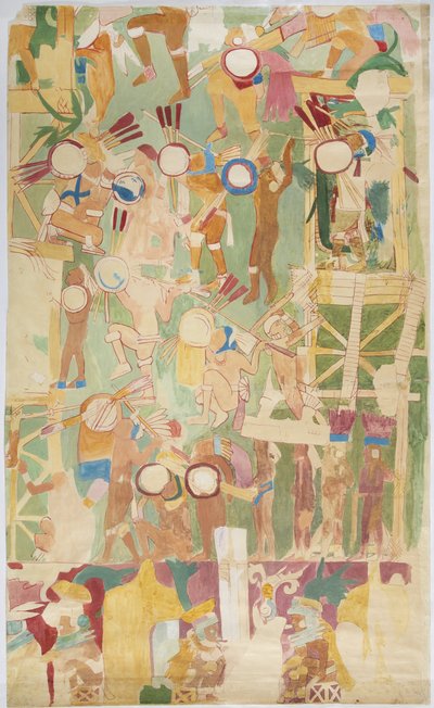 Calco de una pintura mural de la pared sur, cámara interior, Templo Superior de los Jaguares, Gran Juego de Pelota en Chichen Itzá, México de Adela Breton