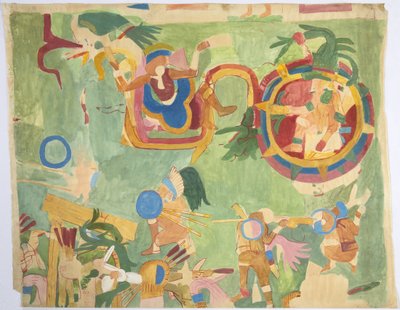 Calco de una pintura mural de la cámara interior, Templo Superior de los Jaguares, pared sur, Gran Juego de Pelota, Chichen Itzá, México de Adela Breton
