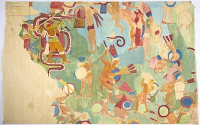 Calco de una pintura mural de la cámara interior, Templo Superior de los Jaguares, pared sur, Gran Juego de Pelota, Chichen Itzá, México de Adela Breton