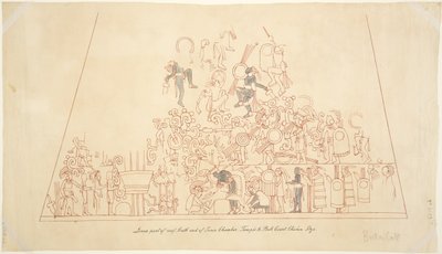 Calco de una pintura mural de la bóveda sur, cámara interior, Templo Superior de los Jaguares, Chichén Itzá, México de Adela Breton