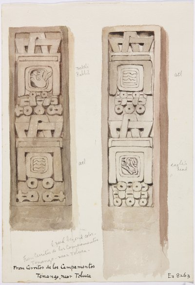 Dos columnas con relieves de piedra, Cerritos de los Campamentos, Tenango, cerca de Toluca, México de Adela Breton