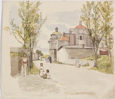 Vista de una calle del pueblo con mujeres y niños - Puebla (?), México de Adela Breton