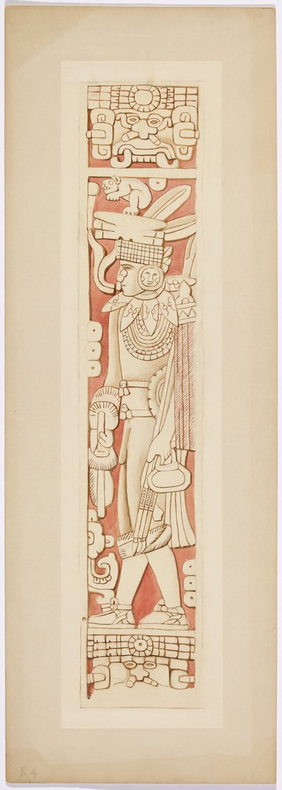Figura de guerrero en los jambas de la puerta entre las cámaras interior y exterior del Templo Superior de los Jaguares de Adela Breton