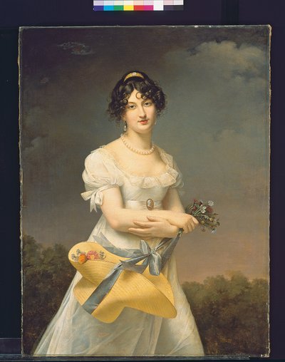 Retrato de Amélie-Justine Laidin de la Bouterie, de soltera Pontois, sosteniendo un sombrero lleno de flores de Adele Romany