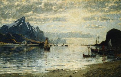 Una escena de fiordo con veleros de Adelsteen Normann
