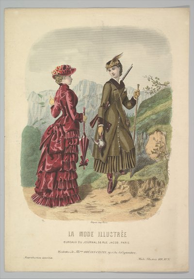Una dama con traje de caza y una dama con traje de paseo en un sendero de montaña, 1881 de Adèle Anaïs Colin