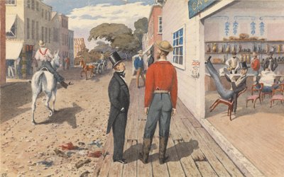 El Sr. Rust, editor del "Pacific Star", y su hermano, el Dr. Rust, fuera de una taberna en la ciudad de Sacramento [California], septiembre de 1851". de Admiral Sir Edward Gennys Fanshawe