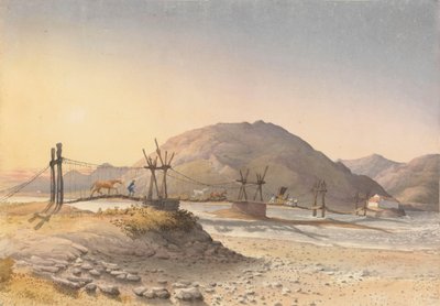 Puente colgante de correas de cuero (pero reparado con cadena) sobre el Maypu, cinco leguas al sur de Santiago, Chile, 11 de enero de 1851". de Admiral Sir Edward Gennys Fanshawe