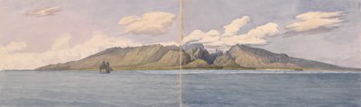 Tahití [Islas de la Sociedad]. El barranco de Fautaua - Montaña de la Corona o Diadema en el centro de la isla, y la ciudad de Papeiti, 24 de agosto de 1849". de Admiral Sir Edward Gennys Fanshawe
