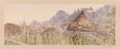 Aldea y casa principal de la tribu Segu o En el río Manuk o Segur de las Indias Occidentales, América del Norte y Borneo scrapbook de Admiral Sir Edward Gennys Fanshawe