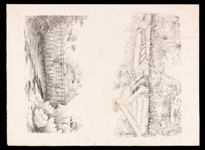 Aldea de la tribu Stang, Sarawak, Borneo; y un puente de palos sobre un río de West Indies, North American and Borneo scrapbook, c.1845 (litografía) de Admiral Sir Edward Gennys Fanshawe