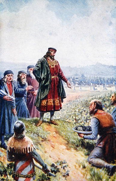 Carlos IV inspeccionando uvas durante su fomento de la viticultura en Bohemia, principios del siglo XX de Adolf (after) Liebscher
