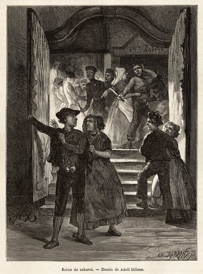 Escena de cabaret, una pareja se va mientras un hombre los amenaza con un cuchillo, sostenido por dos mujeres; otra pareja los enfrenta al entrar al cabaret, grabado después del dibujo de Adolf Dillens, ilustrando un viaje a Zelanda (Neerlande) de Adolf Alexander Dillens