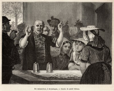 Un retractador, en una posada en Kruiningen, hace su número frente a espectadores atentos, grabado después del dibujo de Adolf Dillens, ilustrando un viaje a Zelanda (Neerlande), en 1873, por Charles de Coster, publicado en “Le tour du monde” 1874 de Adolf Alexander Dillens