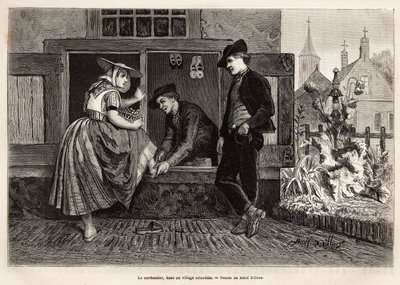 Un zapatero en un pueblo de Zelanda, hace probar un zapato a una joven acompañada de un joven, grabado según el dibujo de Adolf Dillens, ilustrando un viaje a Zelanda (Países Bajos), en 1873, por Charles de Coster, publicado en 