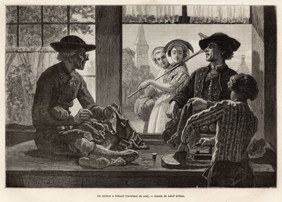 Un sastre y su aprendiz, trabajando al borde de la ventana para disfrutar de la luz y el espectáculo de los transeúntes de la calle, en Rilland (South Beveland), grabado después del dibujo de Adolf Dillens, ilustrando un viaje a Zelanda (Países Bajos) de Adolf Alexander Dillens