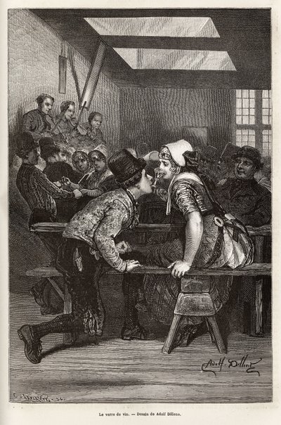 En días de feria, los campesinos ofrecen licores dulces a las jóvenes, el mismo vaso sirve para todos y pasa de boca en boca, a menudo lleno, permitiendo al pretendiente cortejar al ritmo de la orquesta y los bailes, grabado de Adolf Alexander Dillens